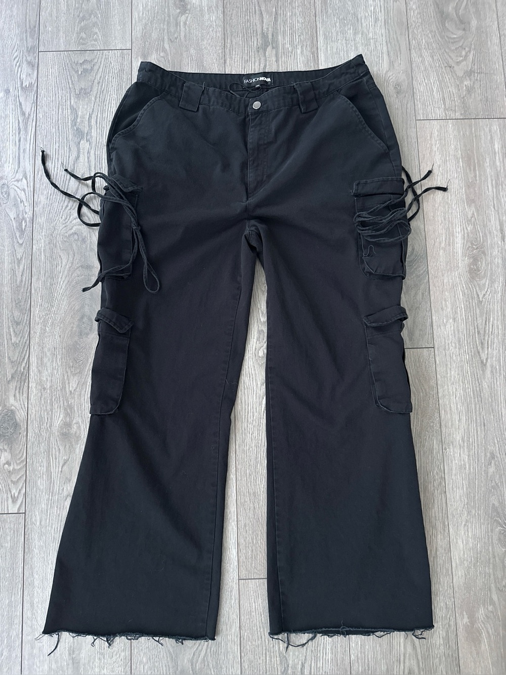 black cargo pants raw cut